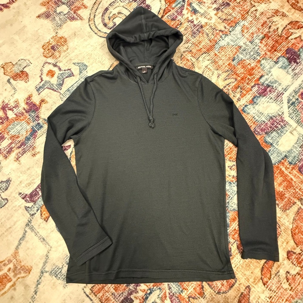 Michael Kors Men's Lightweight Charcoal Gray Herringbone Hoodie Pullover Size‎ S